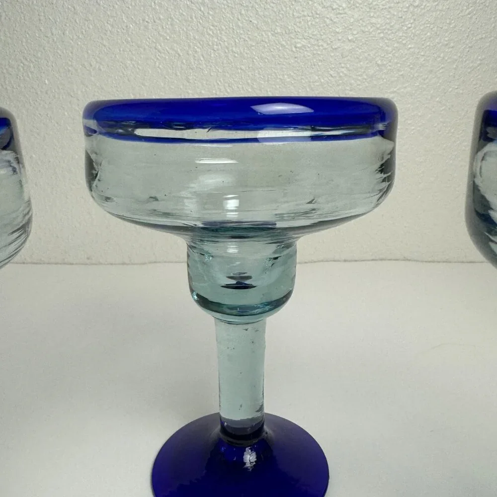 Vintage Hand Bowing Martini Glasses Set of 3 Blue Rim